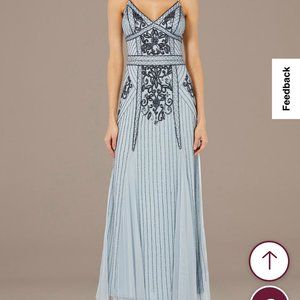 Jump Apparel Bead-Embellished Mesh Overlay Spaghetti Strap Gown